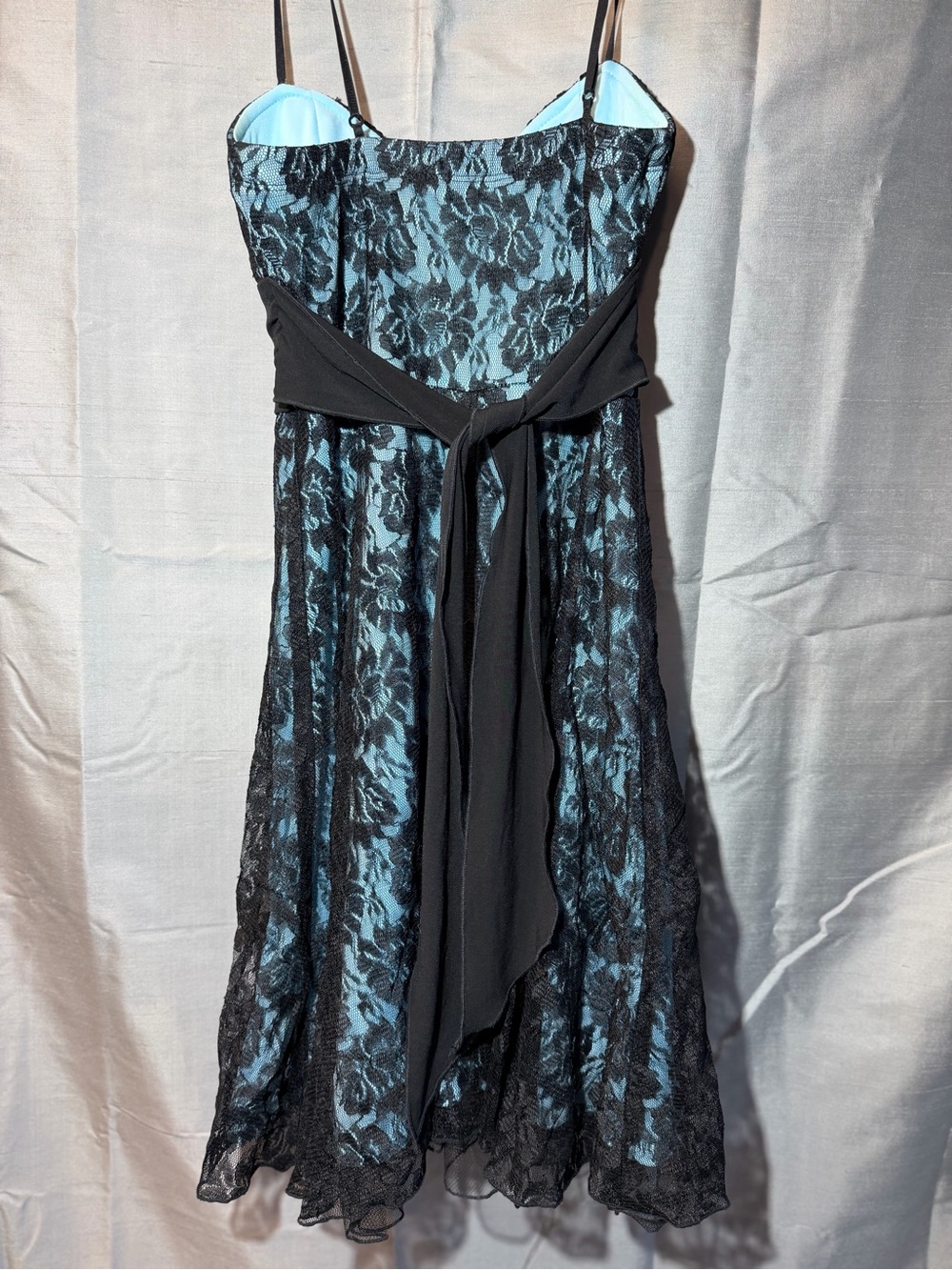 Speechless Strapless Black Lace Dress with Teal Underlay